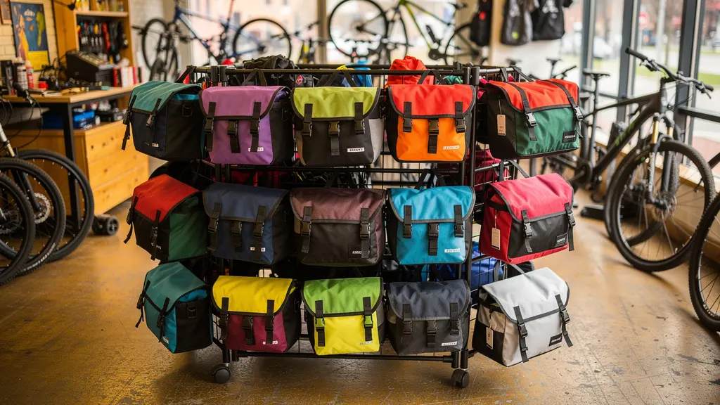 Intérieur de boutique vélo spécialisée avec sacoches exposées sur présentoir