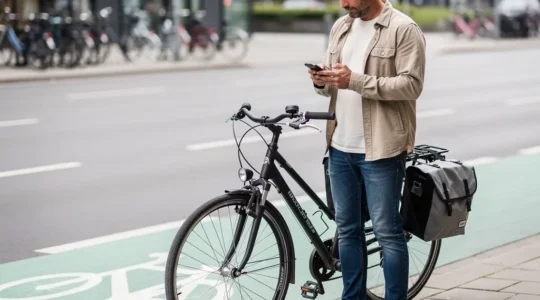 Cycliste urbain vérifiant la fiabilité d'un site sacoche vélo sur son smartphone