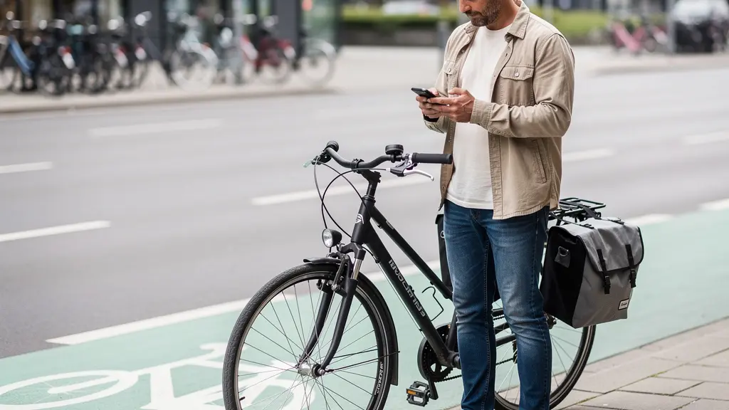 Cycliste urbain vérifiant la fiabilité d'un site sacoche vélo sur son smartphone