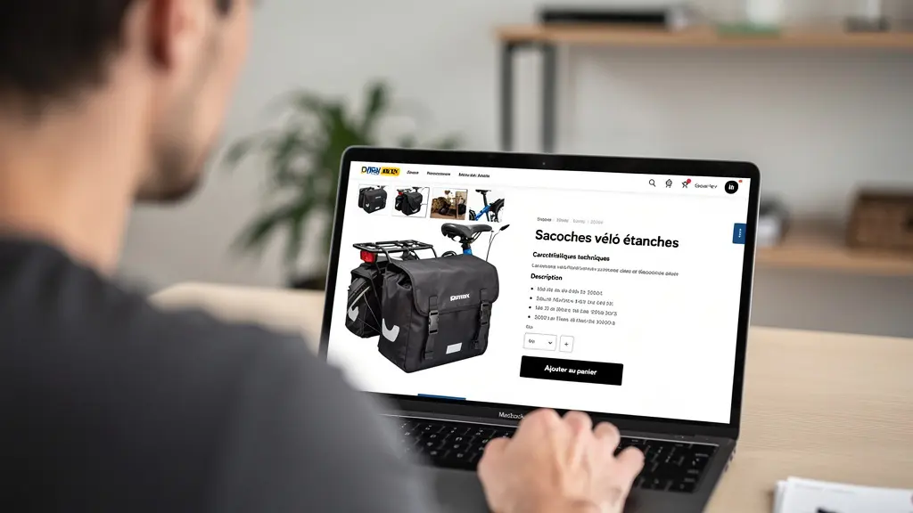 Écran montrant une fiche produit détaillée de sacoche vélo avec spécifications techniques